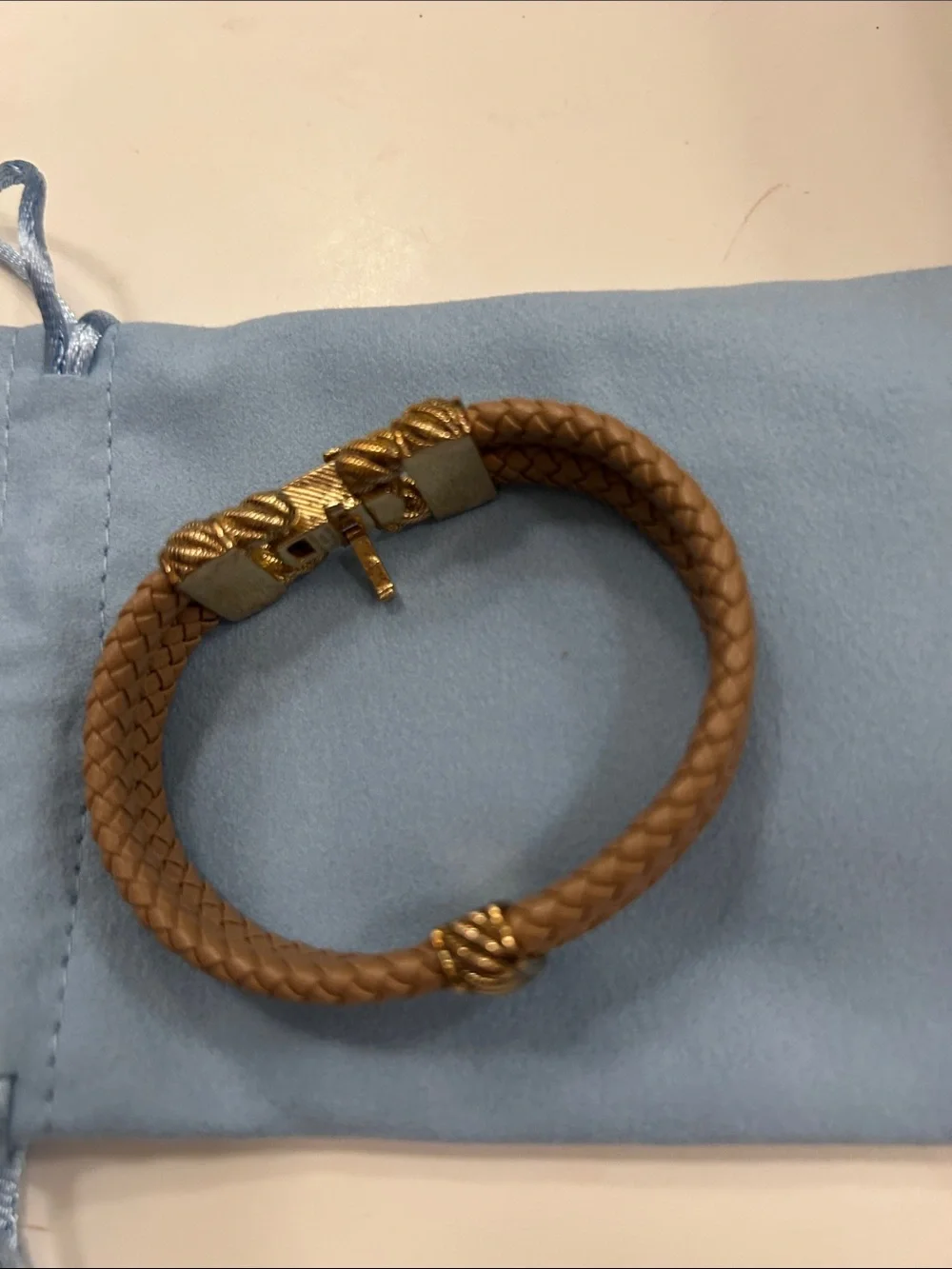 Judith Ripka vintage braided tan vegan leather bracelet. CZ stones.
